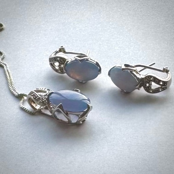 Vintage Natural Blue CHALCEDONY Sterling Silver 925 HEART Earrings Necklace SET - Picture 2 of 12